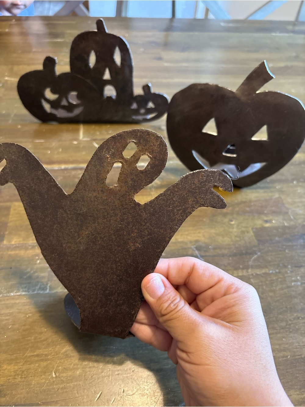 Vintage Set CutOut Metal Spooky Shadow Candle Holders Rustic Folk Art Pumpkin